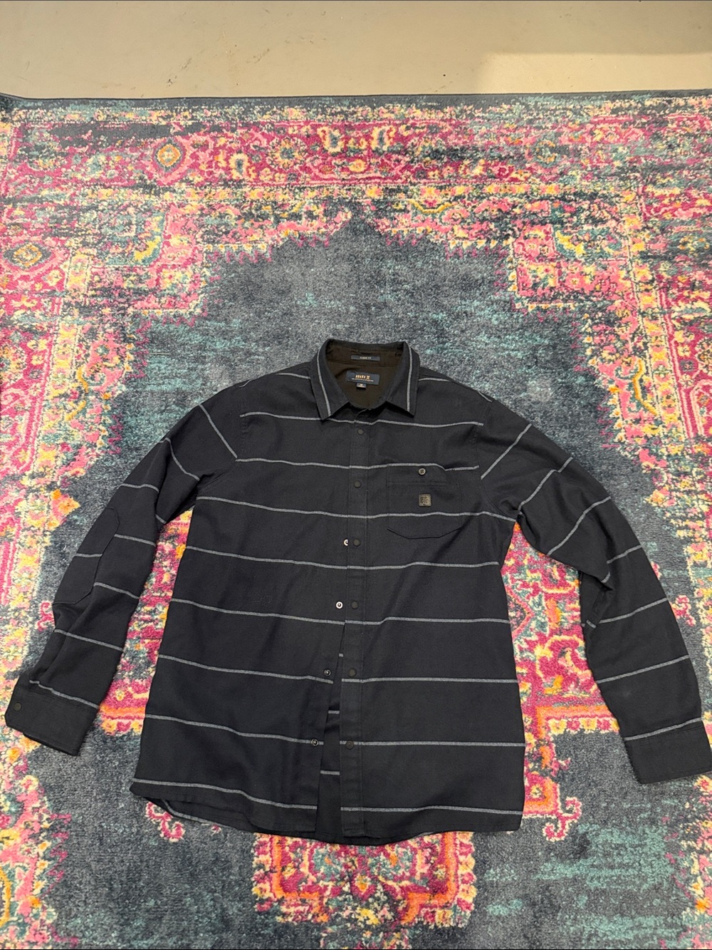 Roark Black Button-Up Shirt with Thin Gray Stripes